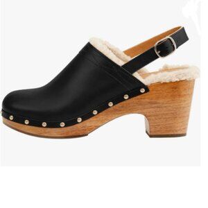 FSJ Black Round Toe Clogs Fur Lining Rivets Wooden Chunky Heel Slingback Mules
